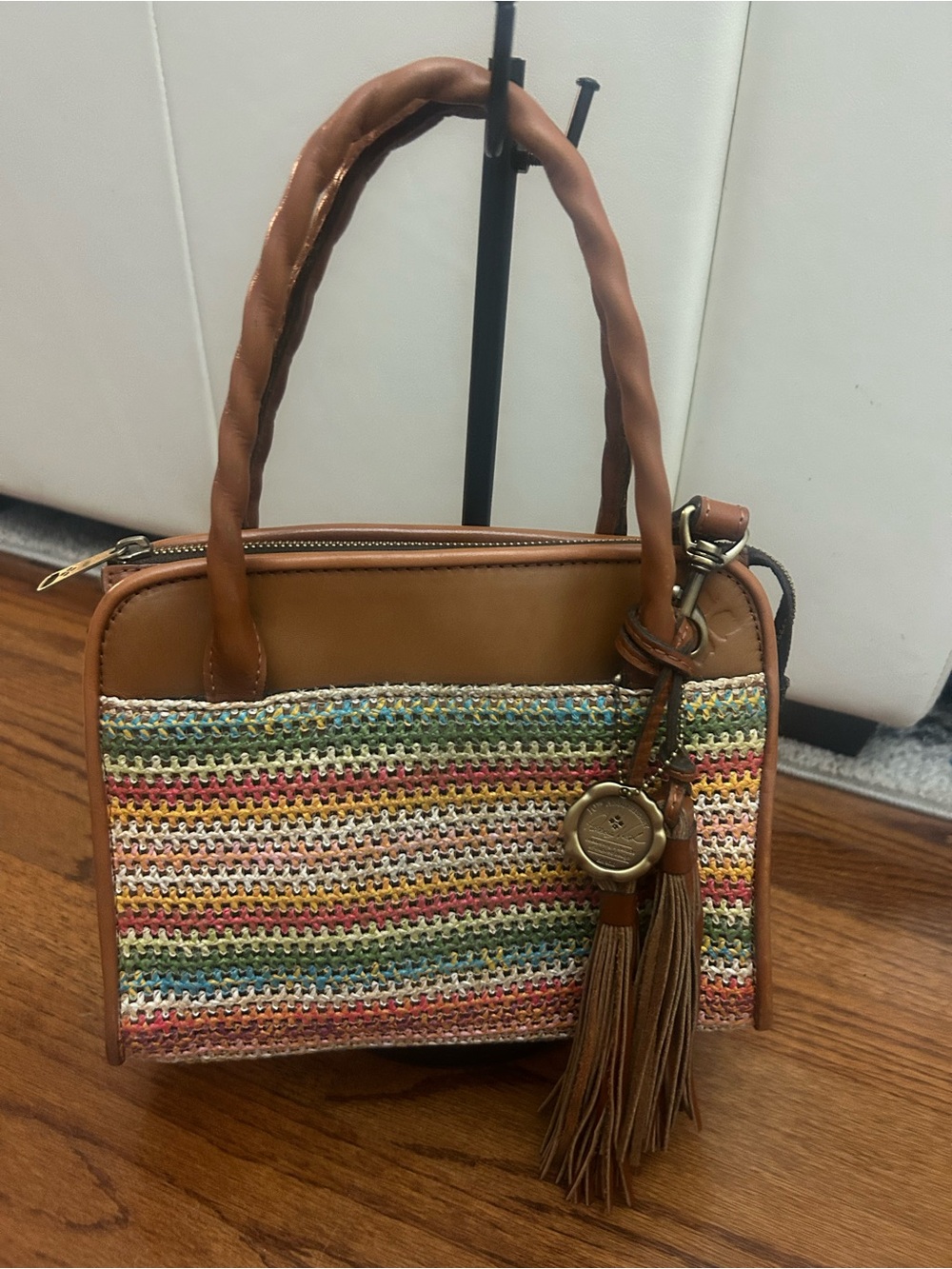 Patricia Nash 10th Anniversary Multicolor Woven Leather Crossbody Satchel Tassel